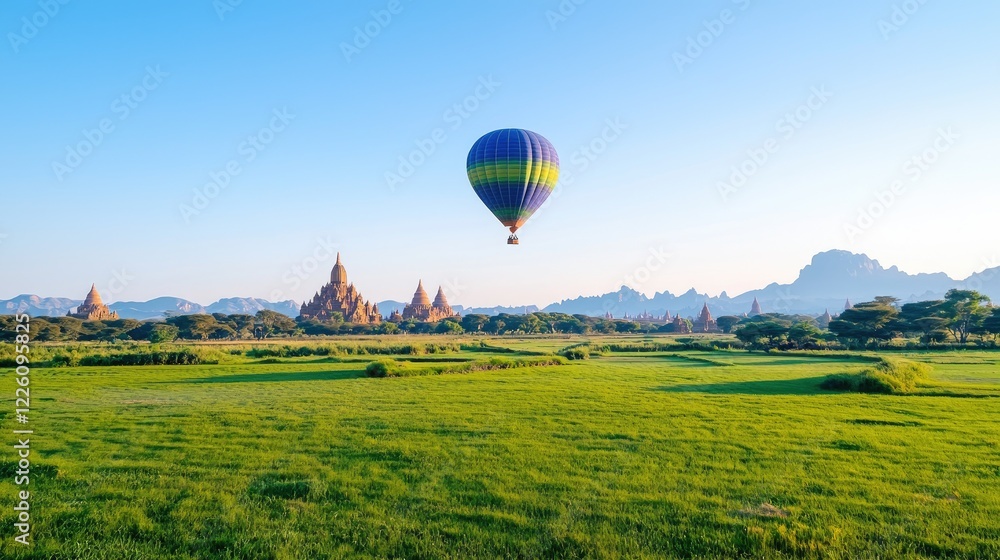 Obraz premium Hot air balloon over Bagan temples at sunrise