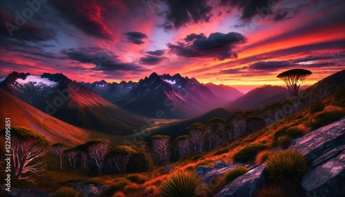 Vibrant sunset illuminating majestic mountain peaks and valley in fiordland national park