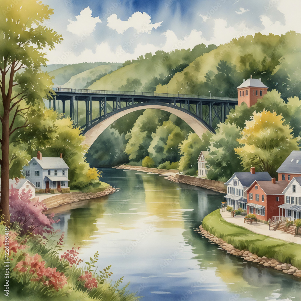 watercolor illustration of Elkader, Iowa, capturing its small-town beauty and historic appeal. watercolor illustration of Elkader, Iowa, capturing its small-town beauty and historic appeal.