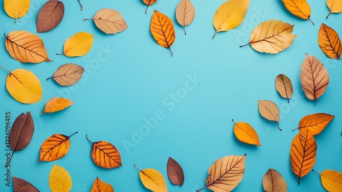 Autumn Leaves Frame on Blue Background: A Seasonal Design
