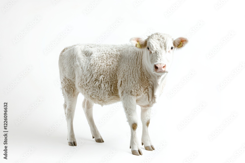 Fototapeta premium Young white cow against white background