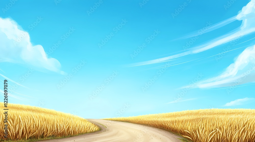 Fototapeta premium Serene Path Through Golden Wheat Fields Under Blue Sky