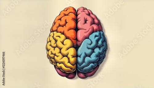 Colorful illustration of whole brain. Section of brain distinguished with different color for easy identification. Brain depicted in simple style. Used for educational materials simple design photo