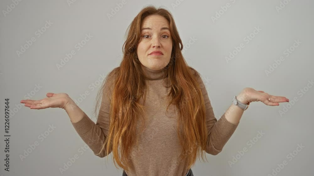 Woman with red hair gesturing unsure expression against a plain white background wearing a brown sweater and casual watch