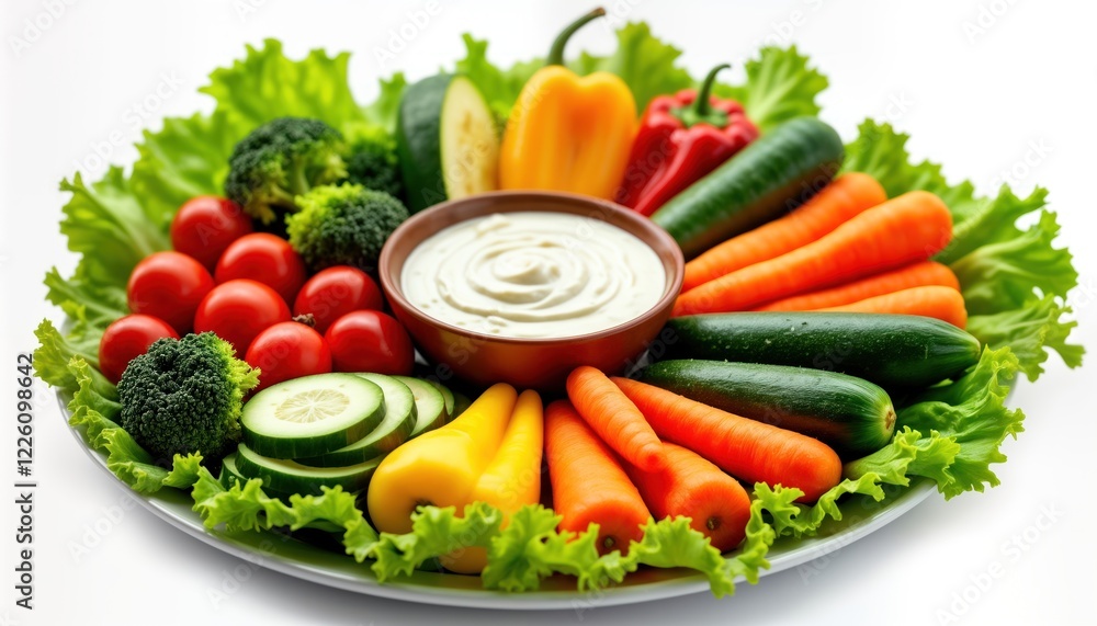Colorful platter of fresh vegetables arranged around bowl of creamy dip. Broccoli, tomatoes, cucumber, carrots, bell peppers sliced, neatly presented on plate with fresh lettuce leaves. Healthy, Colorful platter of fresh vegetables arranged around bowl of creamy dip. Broccoli, tomatoes, cucumber, carrots, bell peppers sliced, neatly presented on plate with fresh lettuce leaves. Healthy,