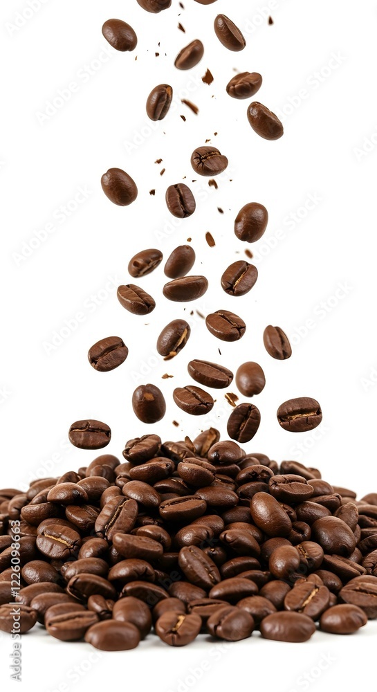 Naklejka premium Coffee beans, scattered, curved arrangement, Coffee grounds explosion, dark brown particles, dynamic splatter isolated on white background.