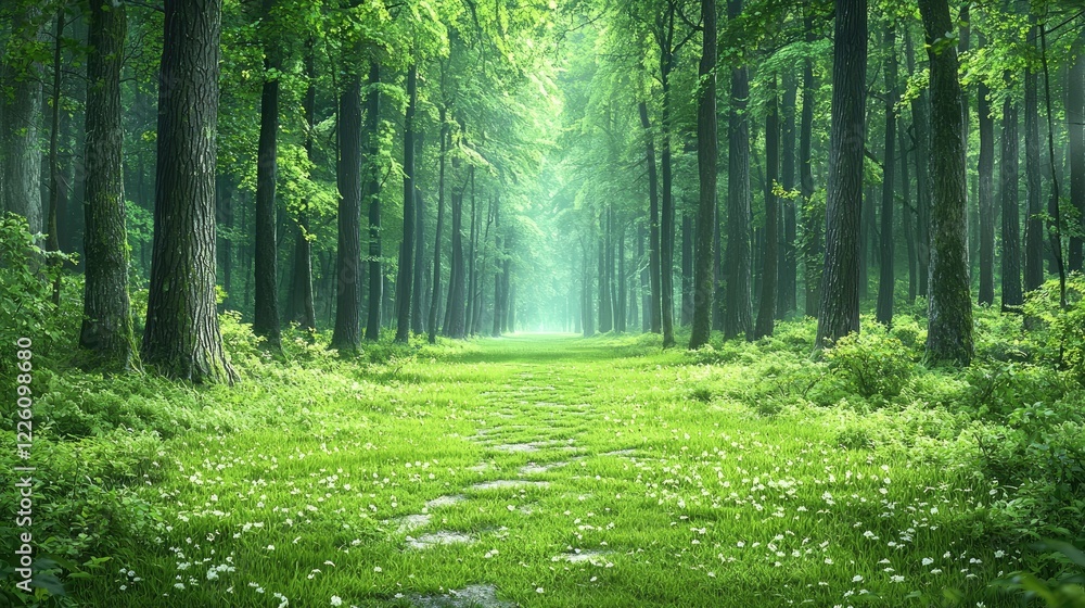 Fototapeta premium Sunlit forest path, green trees, spring flowers, peaceful nature scene, ideal for travel brochures
