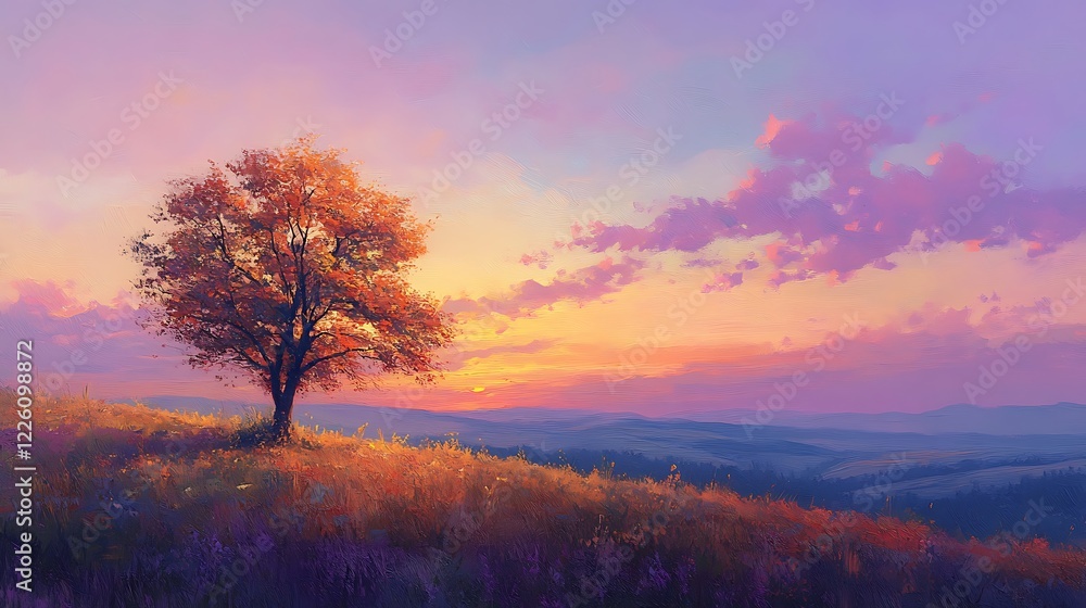 Solitary Autumn Tree at Sunset Over Rolling Hills Solitary Autumn Tree at Sunset Over Rolling Hills