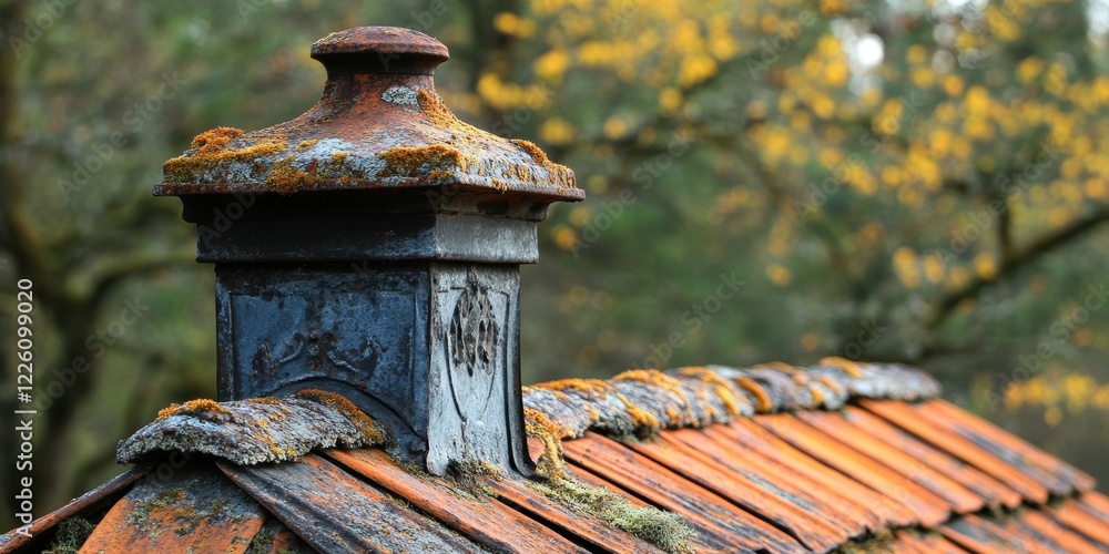 Rustic Chimney with Moss-Covered Roof Tiles in an Autumn Forest Setting, Surrounded by Warm Yellow and Green Foliage, Capturing the Essence of Seasonal Change Rustic Chimney with Moss-Covered Roof Tiles in an Autumn Forest Setting, Surrounded by Warm Yellow and Green Foliage, Capturing the Essence of Seasonal Change