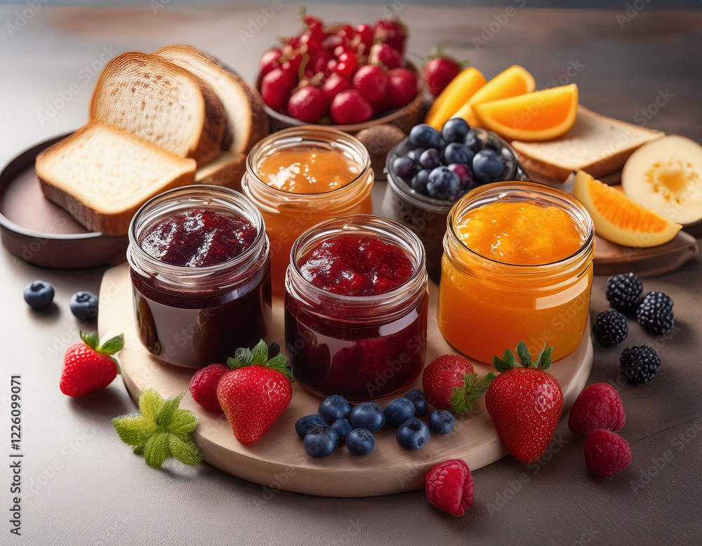 A wooden board displays various homemade jams in glass jars alongside fresh fruits including strawberries, blueberries, cherries, and orange slices with sliced bread. A wooden board displays various homemade jams in glass jars alongside fresh fruits including strawberries, blueberries, cherries, and orange slices with sliced bread.