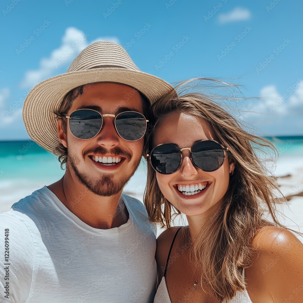 A joyful couple poses for a selfie by the beach, both sporting sunglasses and wide smiles, encapsulating the essence of a fun and carefree summer holiday. A joyful couple poses for a selfie by the beach, both sporting sunglasses and wide smiles, encapsulating the essence of a fun and carefree summer holiday.
