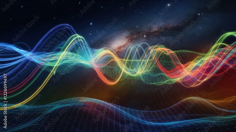Fototapeta premium A vibrant and colorful wave of digital sound frequencies in a cosmic setting, showcasing a blend of blue, red, and yellow against a starry background.