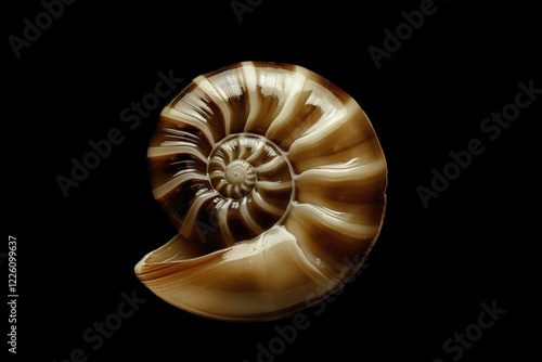 Beautifully shaped nautilus shell with intricate patterns and rich brown hues against a black background, ideal for nature and marine themed projects photo