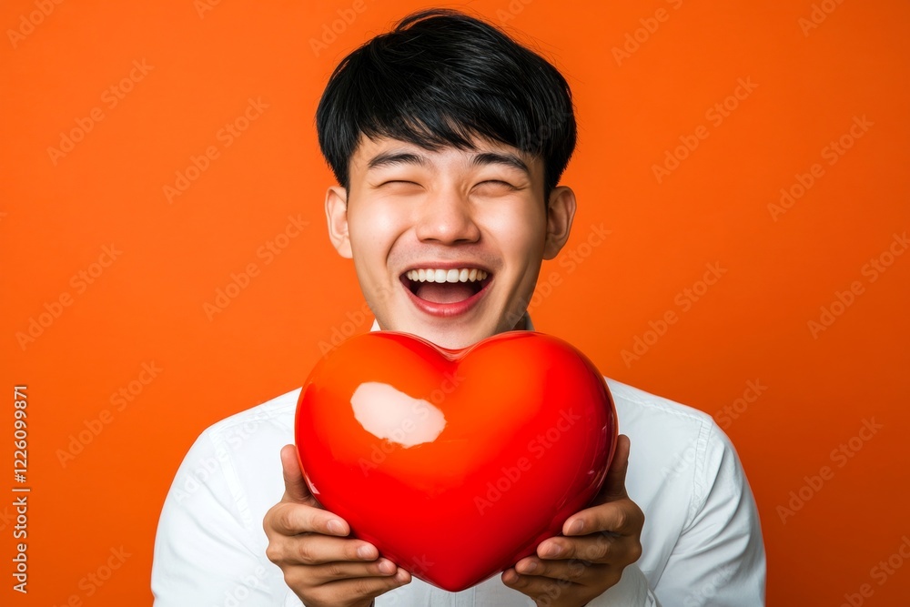 Sign of love and affection. Youth valentine's day greeting card: young man with happy face holds red heart in hands. Commercial promotion concept graphic design idea. Romantic gift ideas. Sign of love and affection. Youth valentine's day greeting card: young man with happy face holds red heart in hands. Commercial promotion concept graphic design idea. Romantic gift ideas.