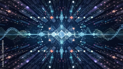 An abstract digital artwork featuring vibrant colors and dynamic geometric shapes, creating a sense of depth and movement.