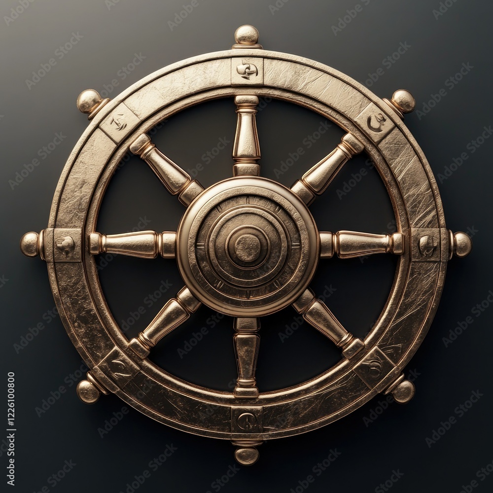 Obraz premium Golden Dharmachakra, eight-spoked wheel, dark background.