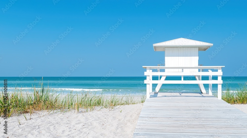 White beach lifeguard tower on sunny Florida beach White beach lifeguard tower on sunny Florida beach