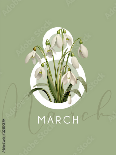 International Women's Day, March 8th greeting card. Vector illustration with spring flowers.