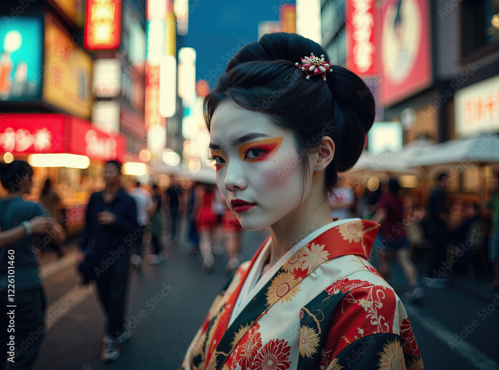 Woman in Kimono on Illuminated City Street Woman in Kimono on Illuminated City Street