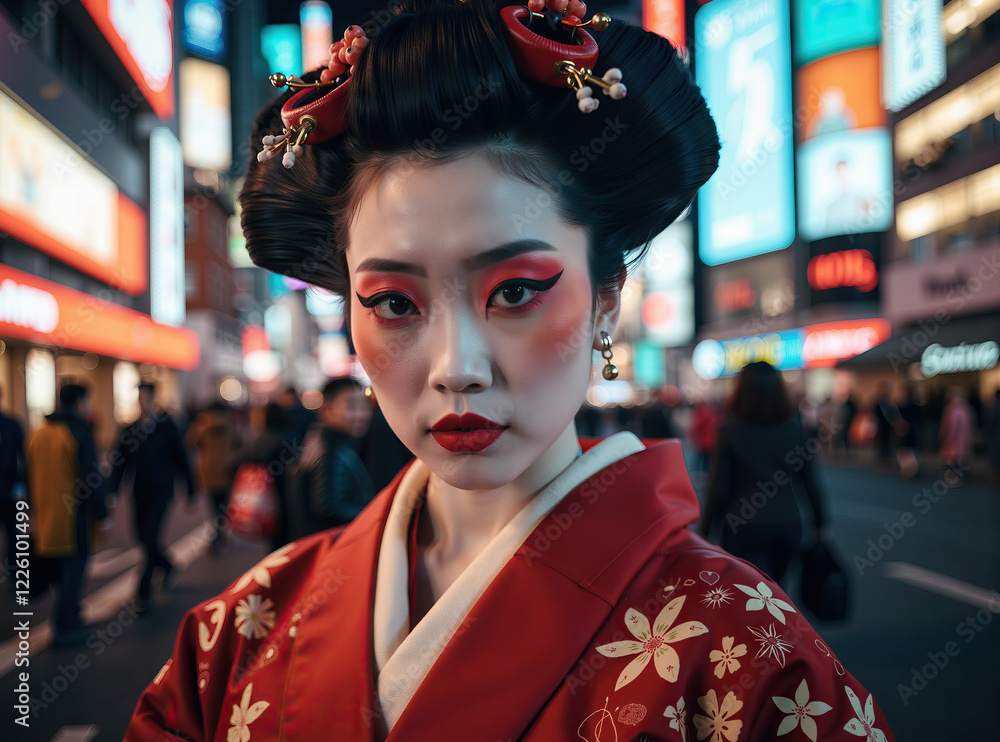 Woman in Red Kimono on City Street at Night Woman in Red Kimono on City Street at Night