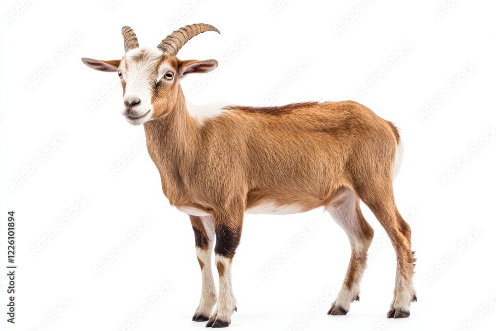 A light brown goat stands against a white background. A light brown goat stands against a white background.
