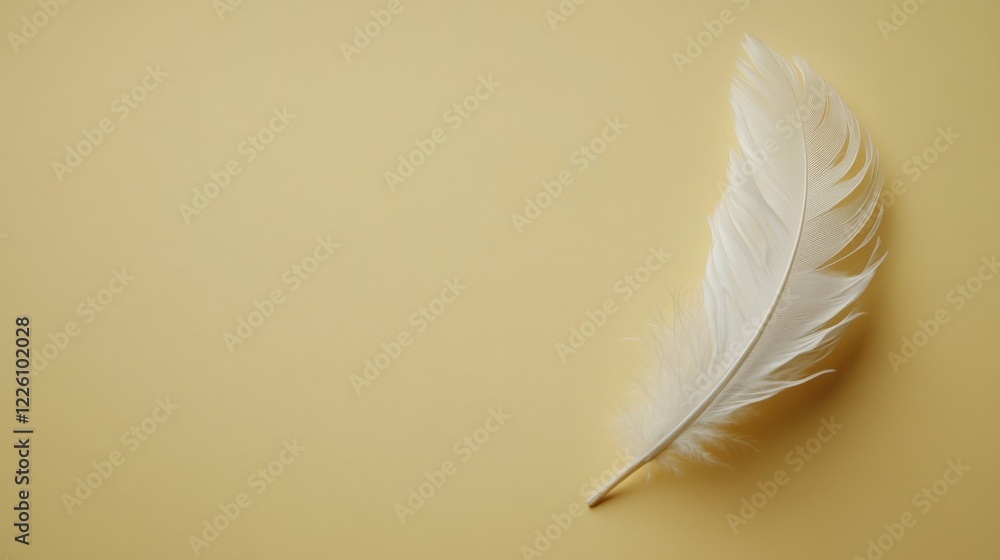 Obraz premium Single White Feather on Pale Yellow Background