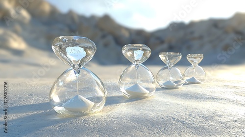 Hourglasses in snow with mountain background, symbolizing passing time photo