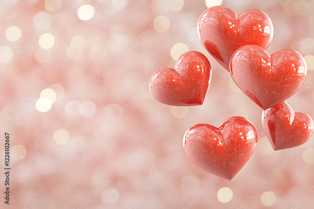 Obraz premium Floating glass hearts on soft pink background create romantic atmosphere