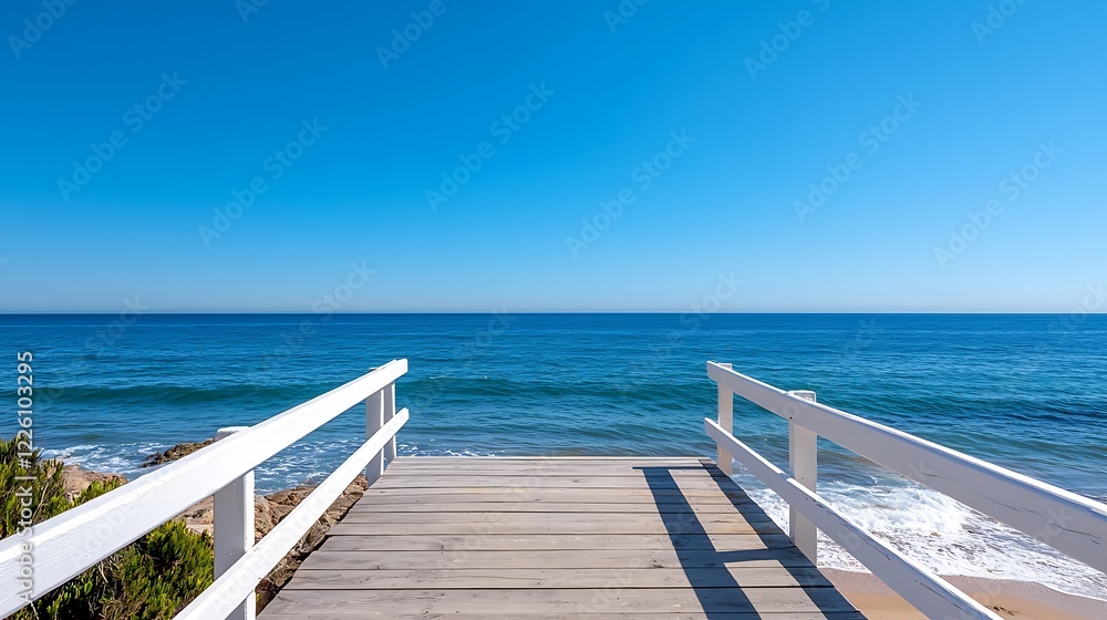 Wooden Dock Extending into Blue Ocean Under Sunny Sky Wooden Dock Extending into Blue Ocean Under Sunny Sky