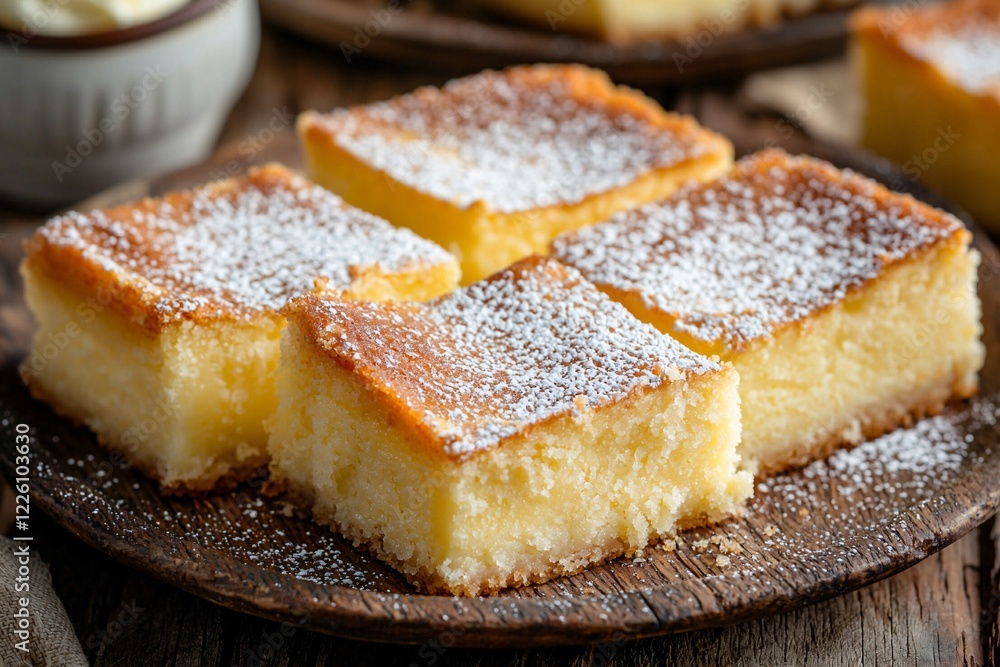 Deliciously baked squares of creamy dessert dusted with powdered sugar on a rustic wooden plate Deliciously baked squares of creamy dessert dusted with powdered sugar on a rustic wooden plate