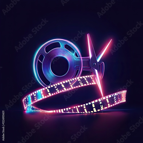 Neon film reel and editing scissors.