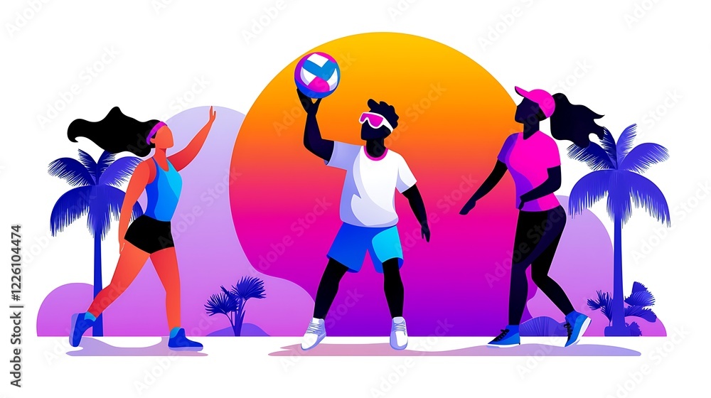 Three diverse friends playing volleyball on a beach at sunset. Three diverse friends playing volleyball on a beach at sunset.