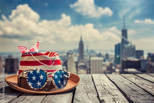 New york city skyline with american flag hat and sunglasses on a wooden surface