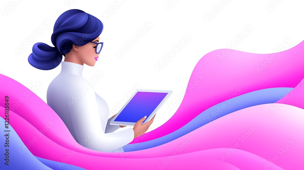 Woman with blue hair using tablet, sitting amidst abstract pink and blue waves. Woman with blue hair using tablet, sitting amidst abstract pink and blue waves.