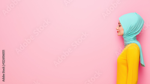 Wallpaper Mural A side profile of a woman wearing a turquoise hijab and a yellow top against a soft pink background, radiating calmness and style. Torontodigital.ca