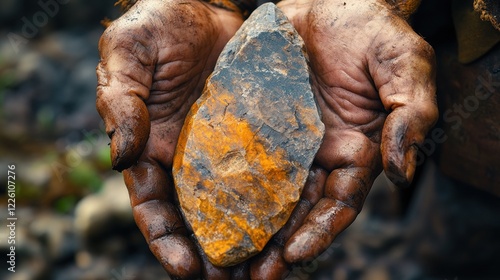 Wallpaper Mural A pair of hands, stained with dirt, holds an ancient and weathered stone tool, showcasing human history and the evolution of technology through archaeology Torontodigital.ca