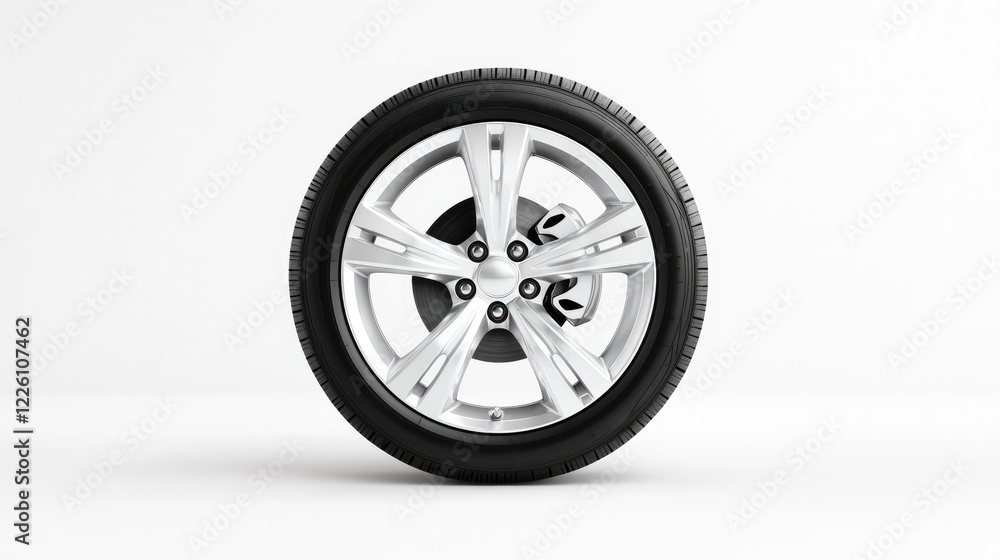 Silver alloy wheel with tire on white background, automotive parts, for website or catalog Silver alloy wheel with tire on white background, automotive parts, for website or catalog