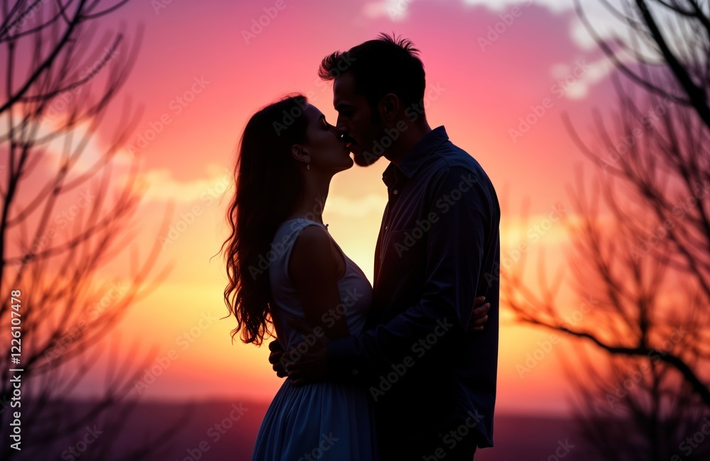 Couple sharing romantic kiss at sunset. Lovers embrace warmly against vibrant sunset colors. Silhouette photo perfect for romance, love themes. Outdoor setting suggests peaceful moment. Suitable for Couple sharing romantic kiss at sunset. Lovers embrace warmly against vibrant sunset colors. Silhouette photo perfect for romance, love themes. Outdoor setting suggests peaceful moment. Suitable for
