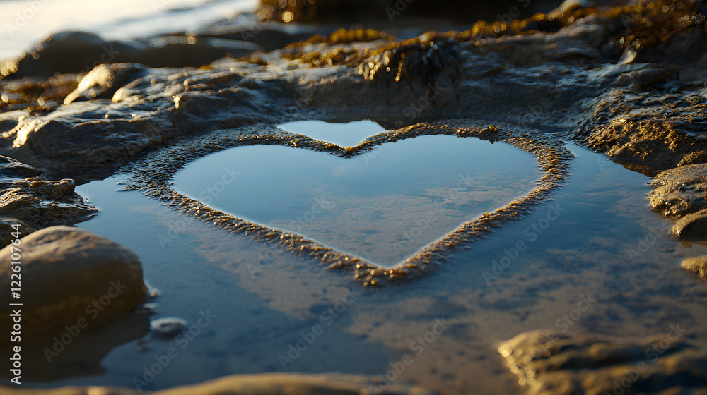 Fototapeta premium A heart-shaped reflection in a shallow tidal pool on the beach