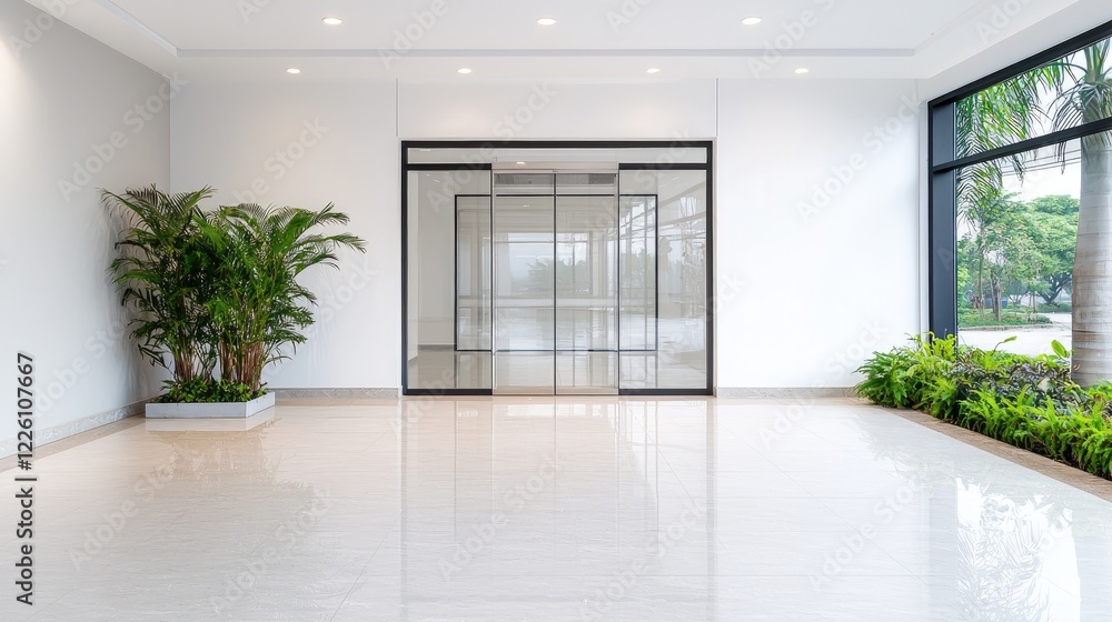 Obraz premium Modern building lobby entrance, glass doors, plants, bright interior. Ideal for corporate website