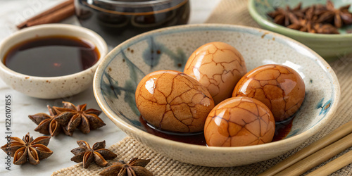 Hard-boiled tea eggs with cracked marble patterns, displayed in a traditional ceramic bowl with star anise and soy sauce