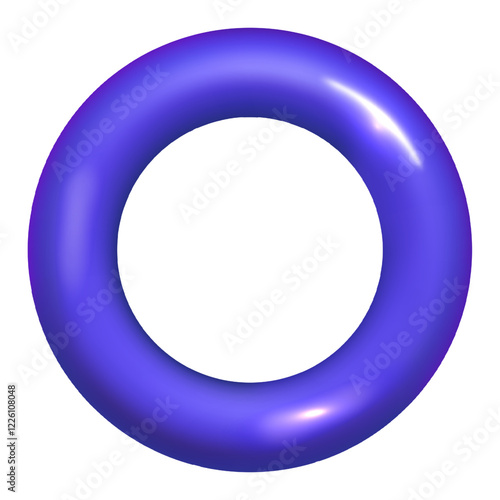Glossy 3d torus shape in vibrant blue gradient with reflective highlights. Modern abstract object isolated on transparent background. Vector art