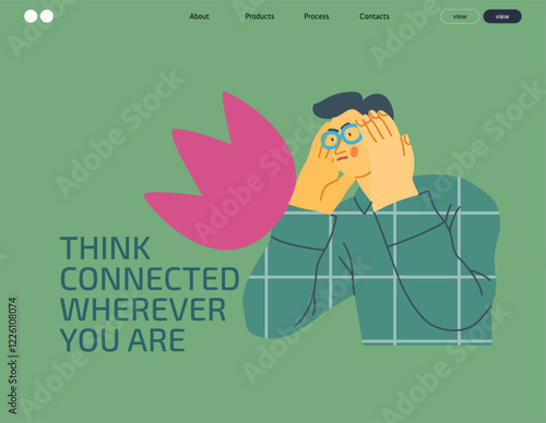 Thinking people, modern flat vector concept illustration- man standing thoughtfully, looking sideways, bubble near his head Metaphor for reflection, analysis, introspection, contemplation, deep