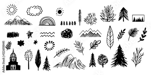 Set of hand drawn nature themed doodles of trees, mountains, leaves, sun, and clouds in black and white. Line shape marker and brush elements. For illustrations, and creative projects. Vector art