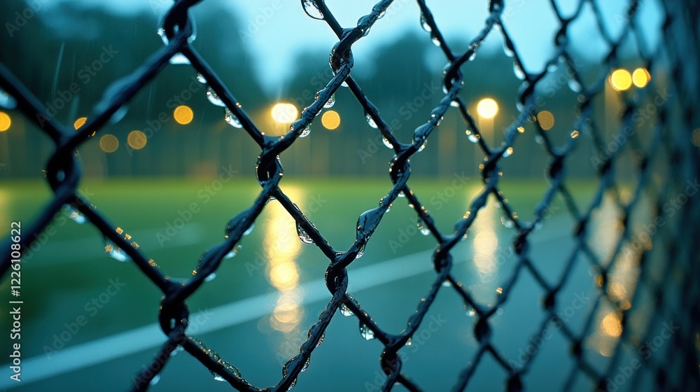 Fototapeta premium Rain drops on wire fence at night, blurry sports field background.