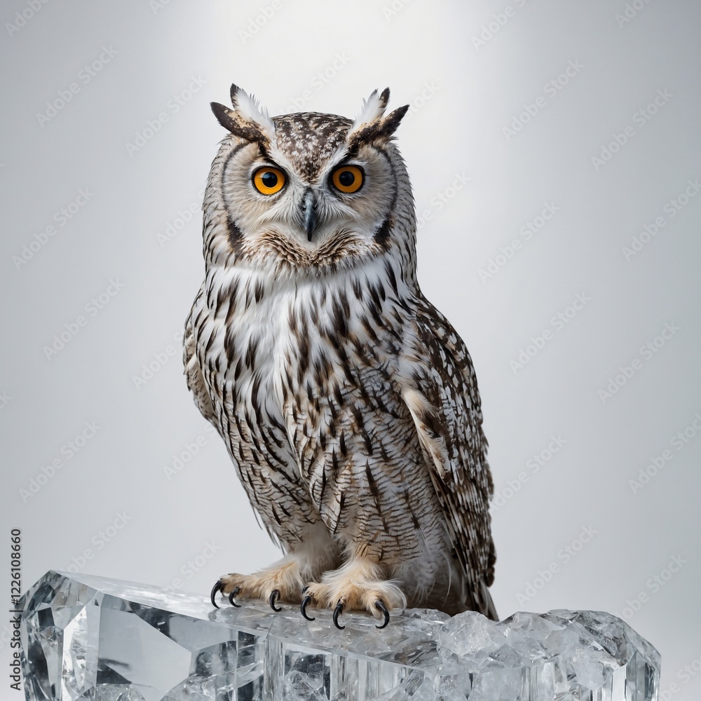Obraz premium A noble owl with silver feathers perched on a crystal throne, set against a pristine white background.