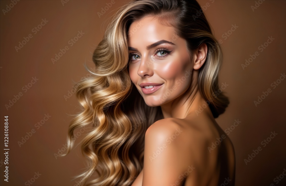 Naklejka premium Beautiful woman with glamorous wavy hair against brown studio background. Model poses with smile, perfect makeup. Studio portrait healthy skin, hair. Picture evokes beauty, fashion, hair care. Photo