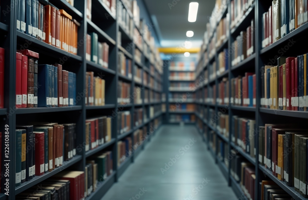 Blurred view of vast library interior. Rows of dark bookcases line space. Many books visible on shelves with varying colors, styles of book covers. Image suggests large collection of knowledge, Blurred view of vast library interior. Rows of dark bookcases line space. Many books visible on shelves with varying colors, styles of book covers. Image suggests large collection of knowledge,