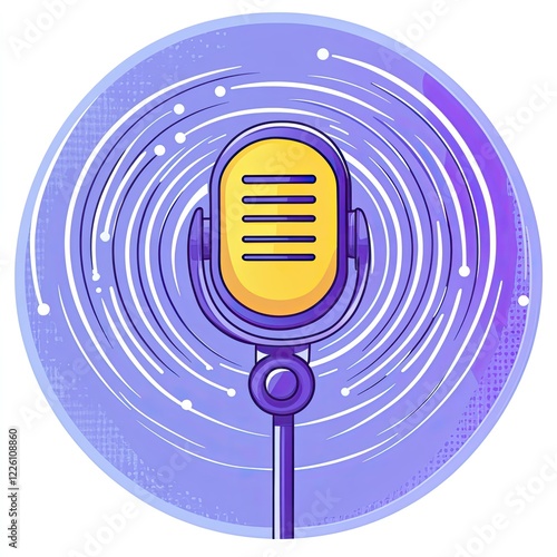 Retro microphone in a purple circular design with swirling lines.