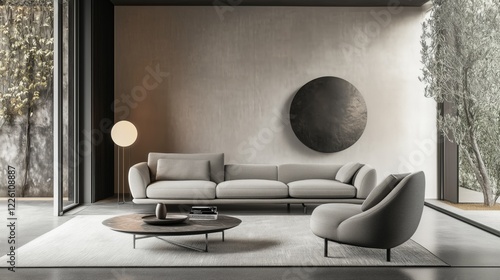 Minimalist living room with sleek furniture and an empty wall, ideal for product mockups. AI generated